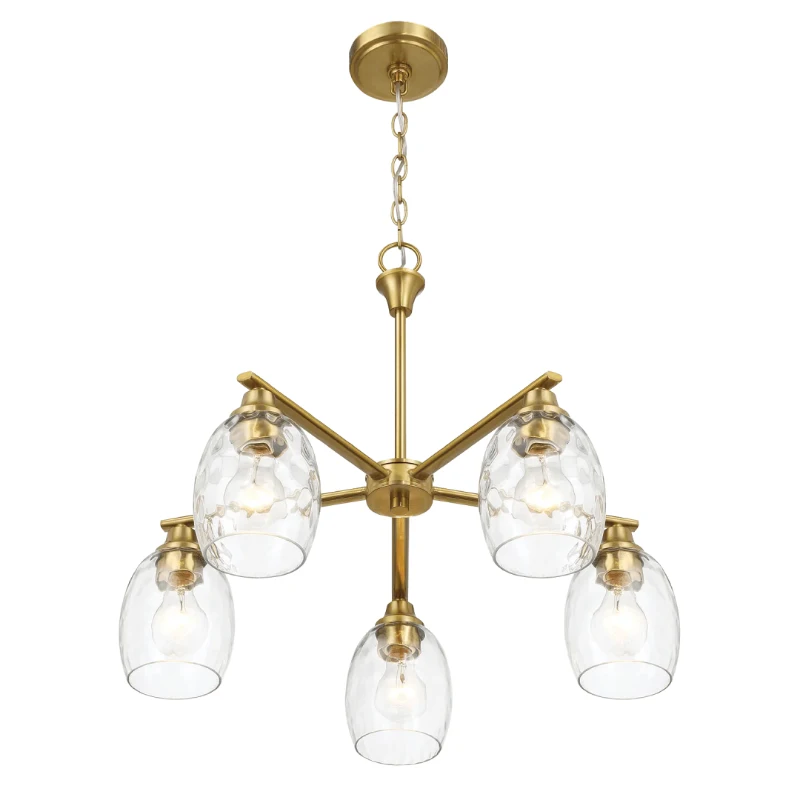 Elegance Five-Light Linear Arm Chandelier with Golden Brass Finish and Clear Water Glass, 24" L x 24" W x 20.5" H, Clear+Gold