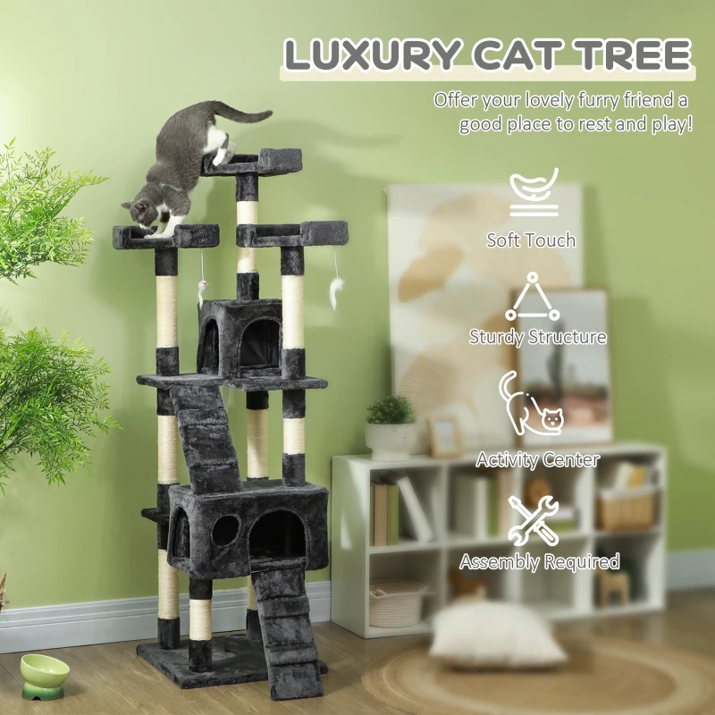 PawHut 68-inch Multi-Level Cat Scratching Tree Kitty Activity Center Post Tower Condo Pet Furniture w/ Toy Grey