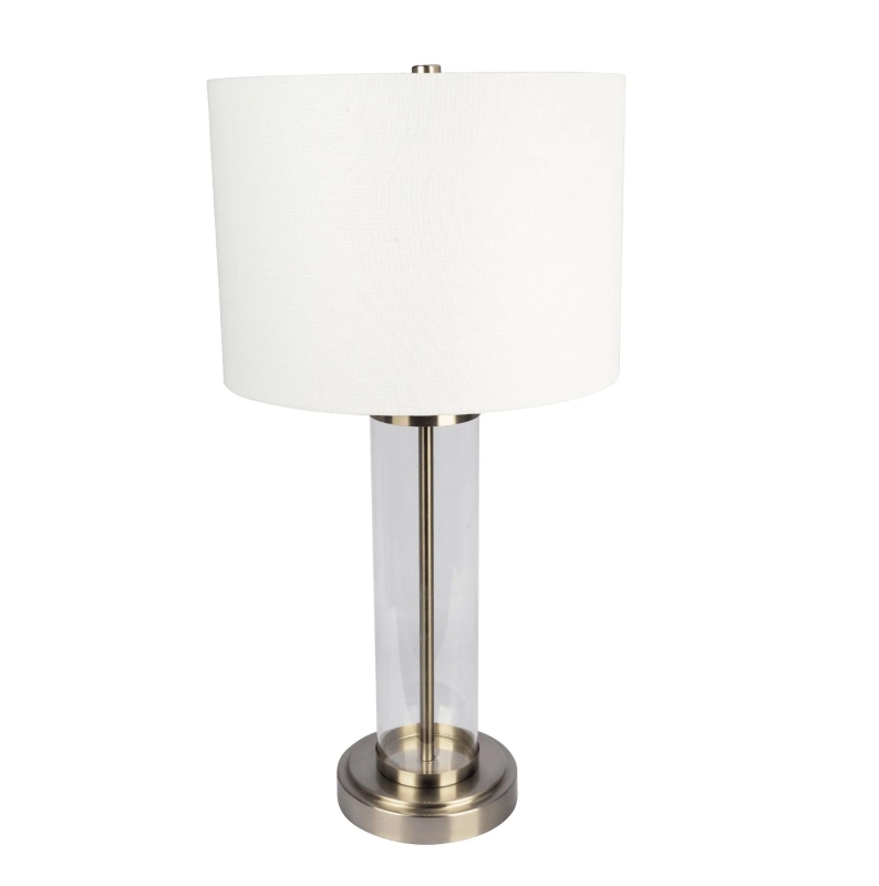 Luna Brushed Nickel Table Lamp with Clear Glass Body, Metal Base, Modern Elegance, 14" L x 14" W x 28" H, Silver+White
