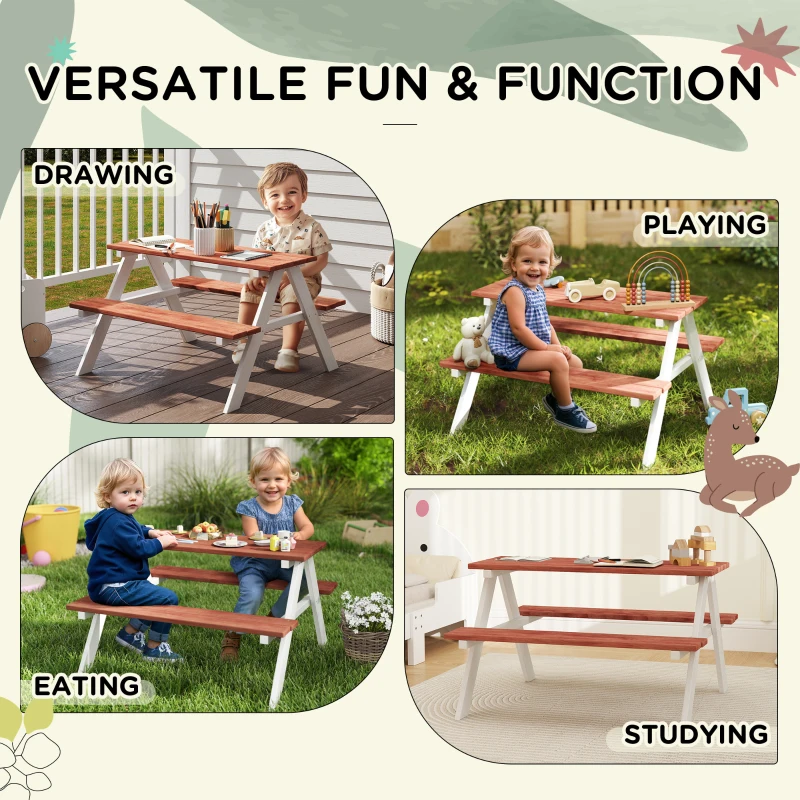Outsunny Kids Picnic Table Set, Wooden Table & Bench Set, Kids Patio Furniture Outdoor Toys for Garden, Backyard, Aged 3-8 Years Old, Brown