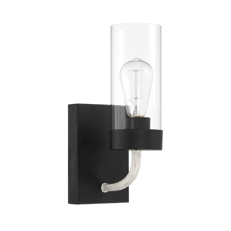 Zephyr Single Light Sconce with Clear Glass, Metal Finish, Modern Elegance 5" L x 6" W x 12" H, Black+Clear