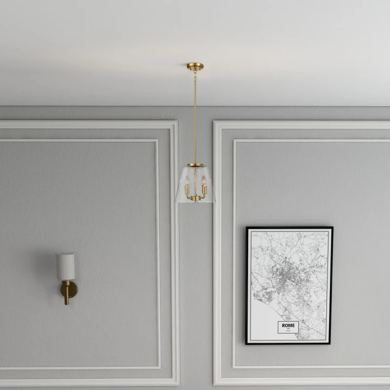 Elegant Four Candle Lights Pendant with Satin Brass Finish, Clear Glass Design, Ideal for Home Decor, 13" L x 13" W x 11" H, Clear+Gold