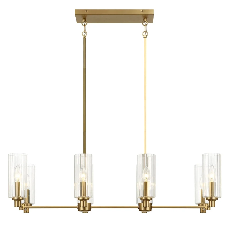 Willow 8-Light Island Pendant Lamp with Clear Ribbed Glass, Satin Brass Finish, 36" L x 15" W x 9" H, Antique Brass+Clear