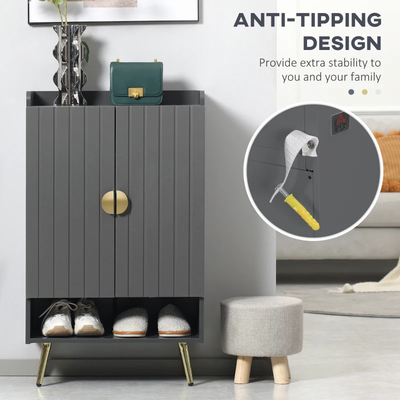 HOMCOM Entryway Shoe Storage Cabinet, Narrow Shoe Cabinet with Adjustable Shelves and Open Shelf for 15 Pairs of Shoes, Grey