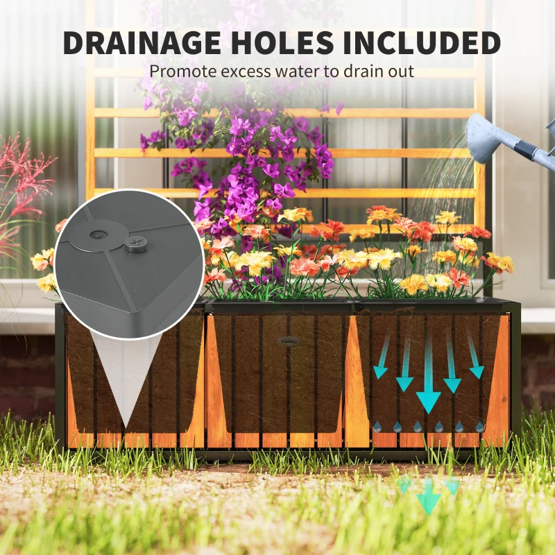 Outsunny Wooden Raised Garden Bed with Trellis, Removable Pots for Backyard, Patio, Balcony, 29" x 11" x 52", Teak