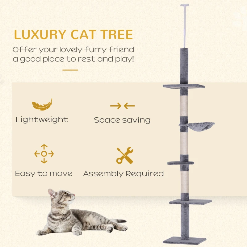 PawHut 8.5ft Cat Climbing Tree 5-Tier Cat Activity Center Floor-to-Ceiling Cat Climber Toy with Scratching Post Play Rest Post Pet Furniture Grey