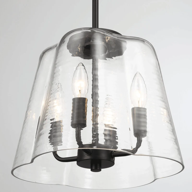 Modern Four Candle Lights Pendant with Sleek Black Finish, Clear Glass Shade, Ideal for Living Room, Bedroom, 13" L x 13" W x 11" H, Black+Clear