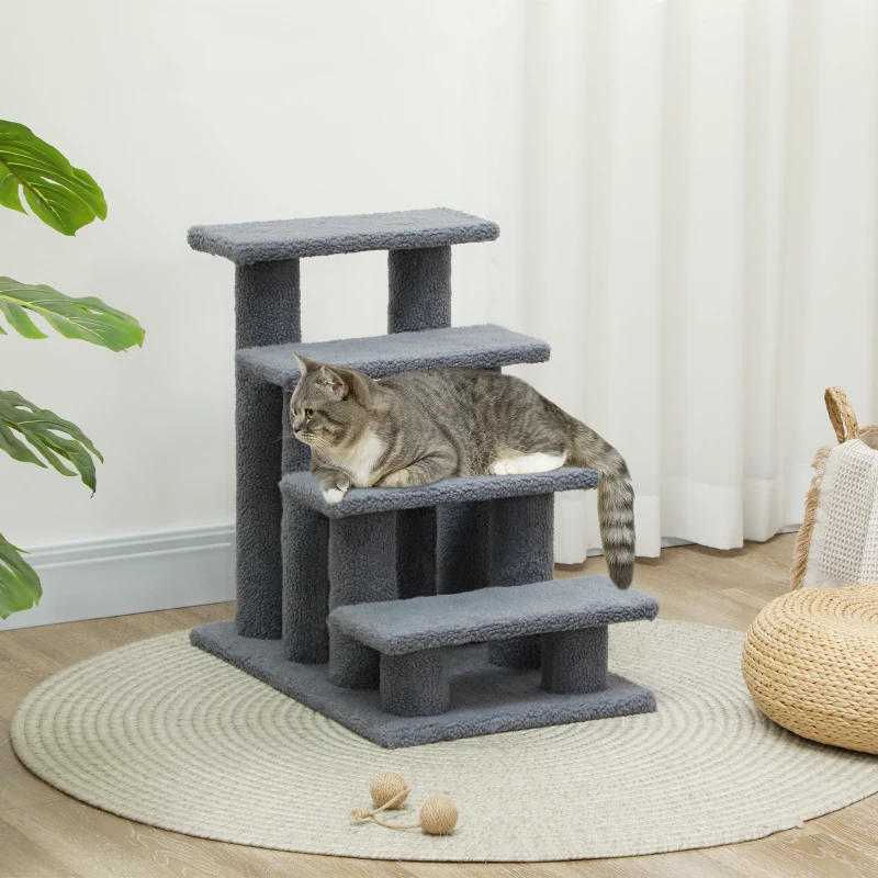 PawHut 4-Step Multi-Level Carpeted Cat Scratching Post Pet Stairs, Grey