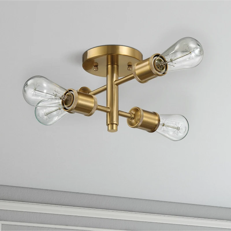 Ephemeral Four-Light Semi Flush Mount Ceiling Pendant for Hallway, Kitchen, Bedroom, Living Room, 11" L x 9" W x 6.5" H, Clear+Gold