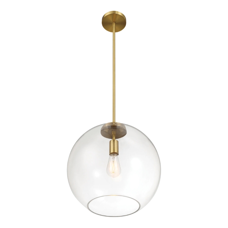 Gleam Single Light Pendant Lamp with Clear Globe Glass, Satin Brass Finish, 15" L x 15" W x 14.5" H, Clear+Gold