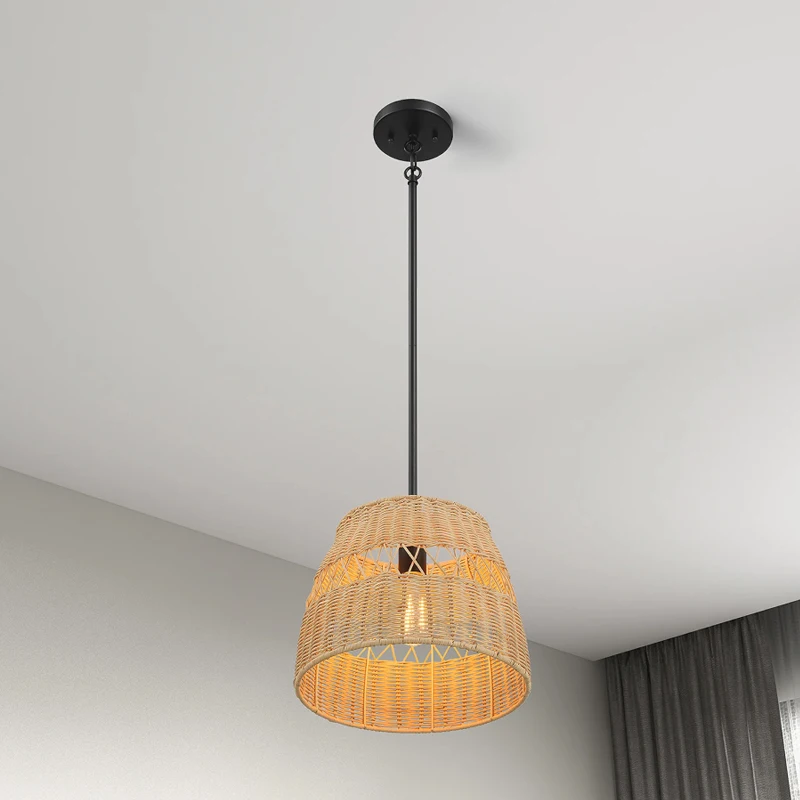 Farmhouse Style Single Light Pendant with Rattan Shade, Black Metal Finish, Ideal for Homer Decor, 12" L x 12" W x 10" H, Black