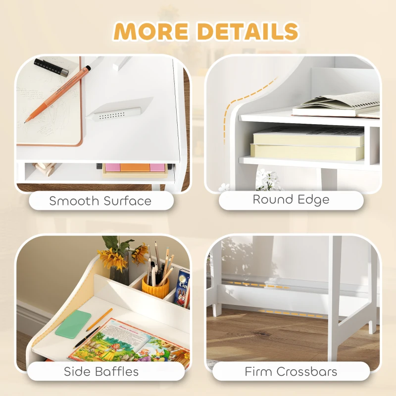 Qaba Kids Desk and Chair Set with Storage, Shelves for Bedroom, 3-8 Years Old, White