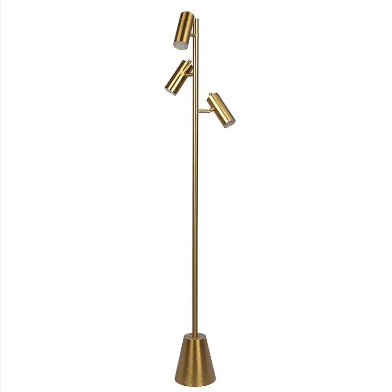 Lumina Brassed Floor Lamp with Rotary Switch, Triple Spotlights, Metal Cone Base, 15" L x 15" W x 63" H, Gold