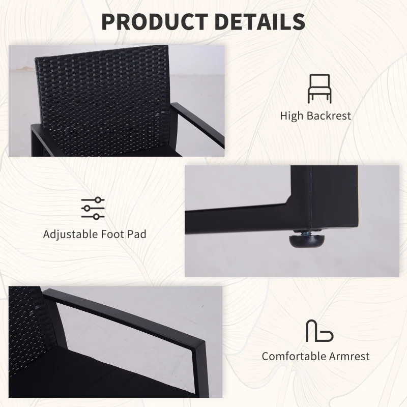 Outsunny 3 Pieces Wicker Patio Furniture Set, Rattan Bistro Set with Glass Top Coffee Table and Cushions, Outdoor Conversation Set for Garden, Porch, Balcony, Black