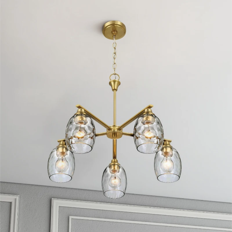Elegance Five-Light Linear Arm Chandelier with Golden Brass Finish and Clear Water Glass, 24" L x 24" W x 20.5" H, Clear+Gold