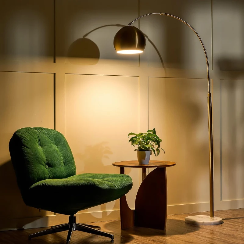 Oasis Long Arm Adjustable Floor Lamp with Round Marble Base, Brass Construction, 38" L x 11" W x 69" H, Gold+White