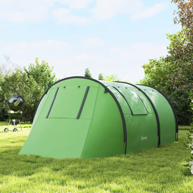 Outsunny 3-4 Person Camping Tent with 2 Rooms, 3000mm Waterproof Portable Family Tent with Carry Bag, Dark Green