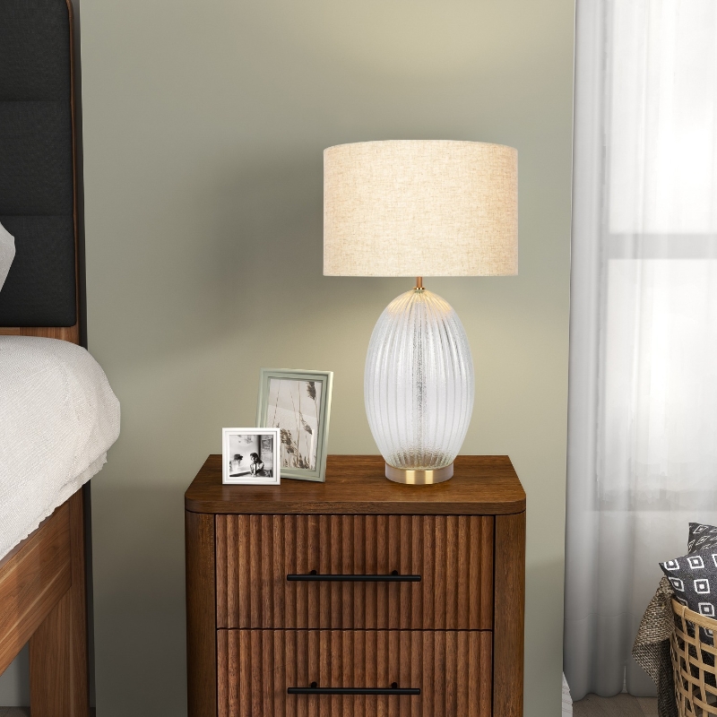 Aurora Ribbed Glass Table Lamp with Large Linen Shade, Elegant Design and Golden Base, 12" L x 12" W x 17" H, Beige+Clear