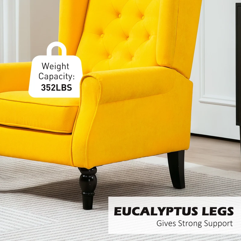 HOMCOM Wingback Accent Chair for Living Room, Button-Tufted Lounge Chair with Round Armrests and Wood Legs, Yellow