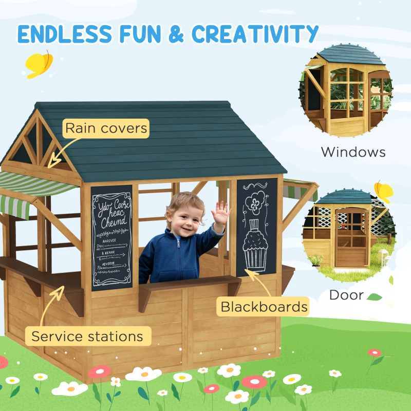 Qaba Wooden Outdoor Playhouse, Foldable Kids Cottage with Windows, Working Door, Snack Bars, Waterproof Covers, for 3-8 Years