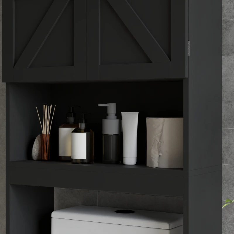 HOMCOM Over The Toilet Cabinet, Modern Bathroom Above Toilet Storage with Barn Doors and Open Shelf, Black