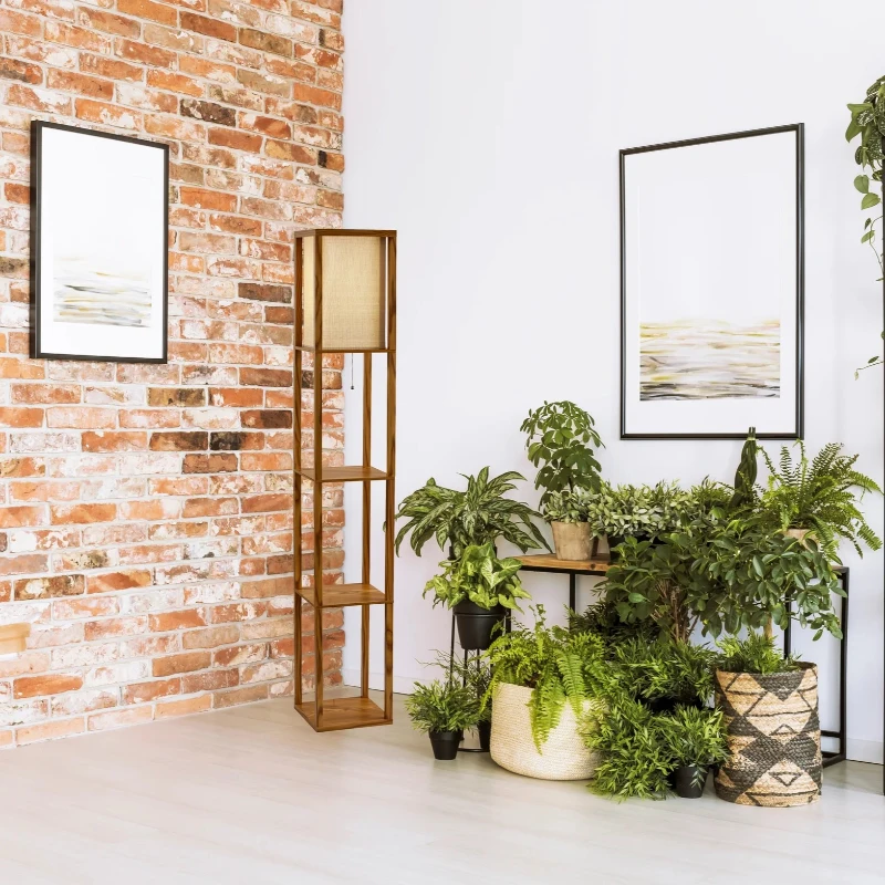 Pinnacle Shelf Floor Lamp with Built-in Shelves, Natural Wood and Long Shade, 10" L x 10" W x 62" H, Natural+White