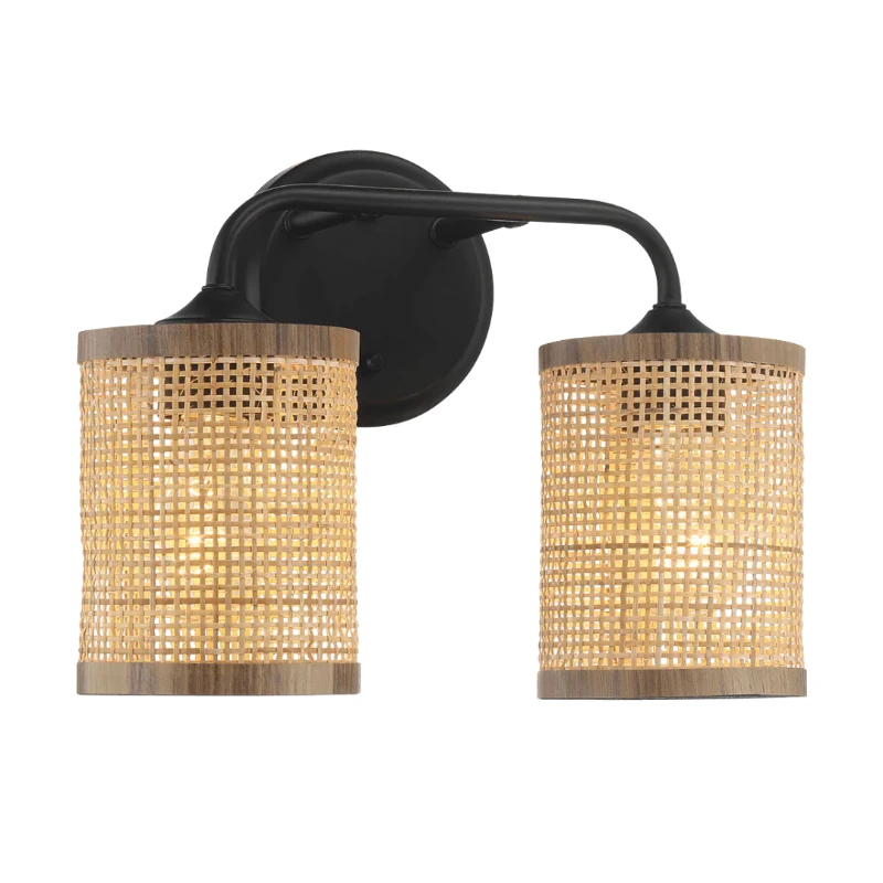 Double Light Vanity Wall Lamp with Natural Rattan Shade, Metal Construction, Ideal for Bathroom Decor, 7" L x 10" W x 12.5" H, Black