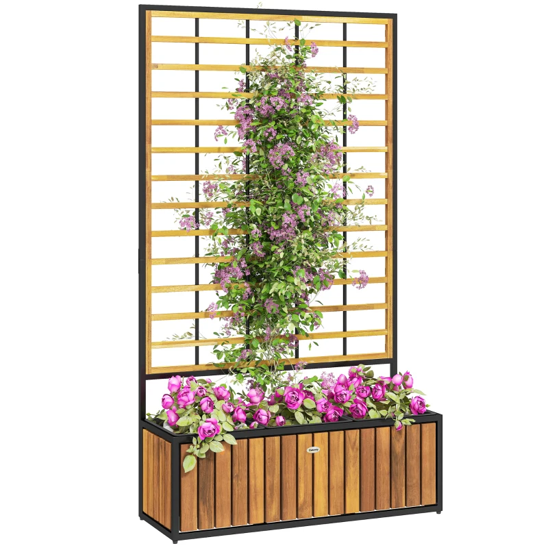 Outsunny Wooden Raised Garden Bed with Trellis, Removable Pots for Backyard, Patio, Balcony, 29" x 11" x 52", Teak