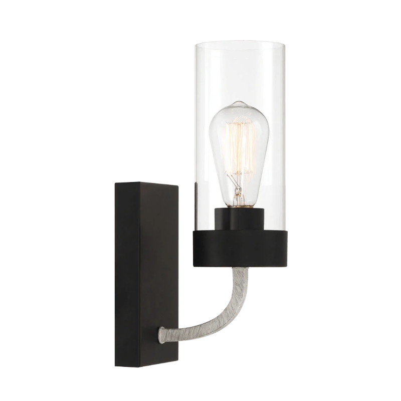 Zephyr Single Light Sconce with Clear Glass, Metal Finish, Modern Elegance 5" L x 6" W x 12" H, Black+Clear