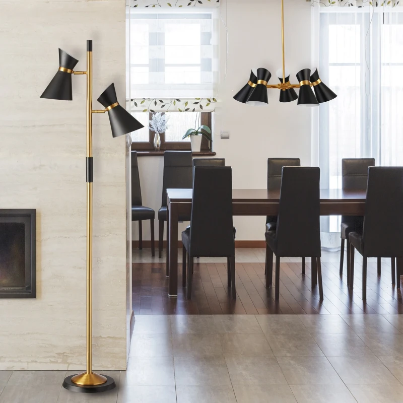 Axis Brassed Gold Floor Lamp with 4-Way Switch, Double Spots, Metal Base, 22" L x 10" W x 62" H, Black+Gold