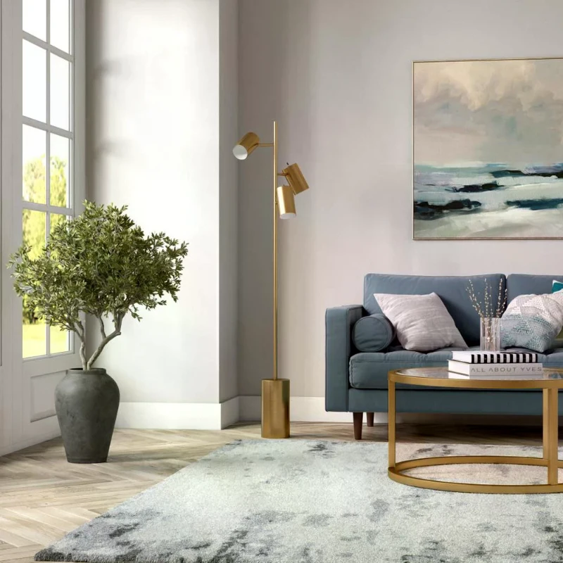 Elegant Brassed Floor Lamp with Triple Spot Design, Rotary Switch, Sleek Metal Block Base, Ideal for Home Decor, 6" L x 18" W x 63" H, Gold