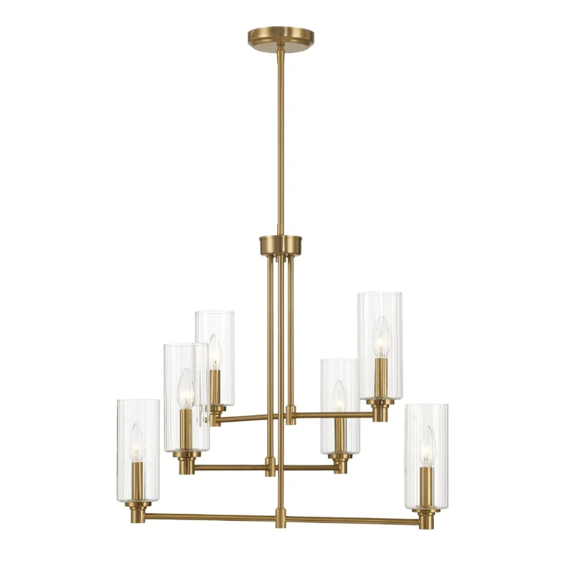 Timeless Six-Light Chandelier with Clear Ribbed Glass, Satin Brass Finish, 24" L x 24" W x 22.5" H, Antique Brass+Clear