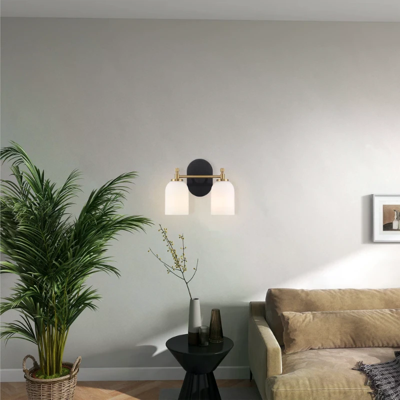 Vortex Two Lights Vanity Wall Sconce with White Frosted Glass, Traditional Style for Over Bathroom Mirror, 10.5" L x 5.5" W x 10" H, Gold+White