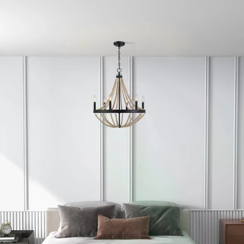 Starry Wood Chandelier with Farmhouse Six Candle Light Pendant, Wood Beads, Perfect for Dining Room, 22" L x 22" W x 25.5" H, Black+Clear