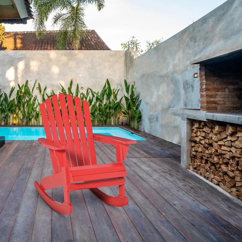Outsunny Wooden Adirondack Rocking Muskoka Chair with Slatted Wooden Design, Fanned Back and Classic Rustic Style, Red