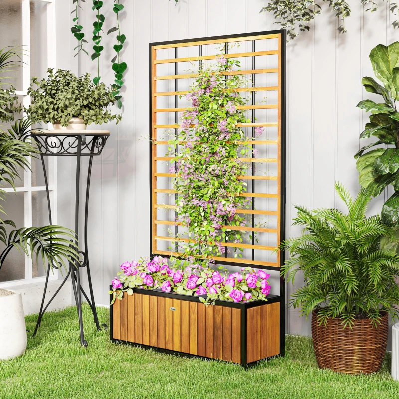Outsunny Wooden Raised Garden Bed with Trellis, Removable Pots for Backyard, Patio, Balcony, 29" x 11" x 52", Teak