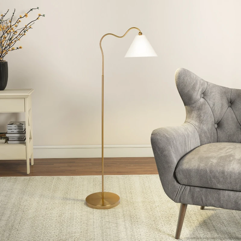 Majestic Brass Ring Base Curved Floor Lamp with Triangle Drum Shade, Elegant Design,19" L x 12" W x 60" H, Gold+White