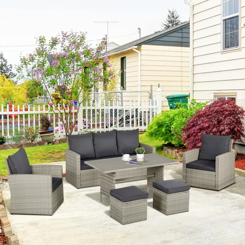 Outsunny 6 PCS Rattan Outdoor Dining Set Patio Dining Table and Chair Set with Plastic Wood Top Dining Table, Cushions, Grey
