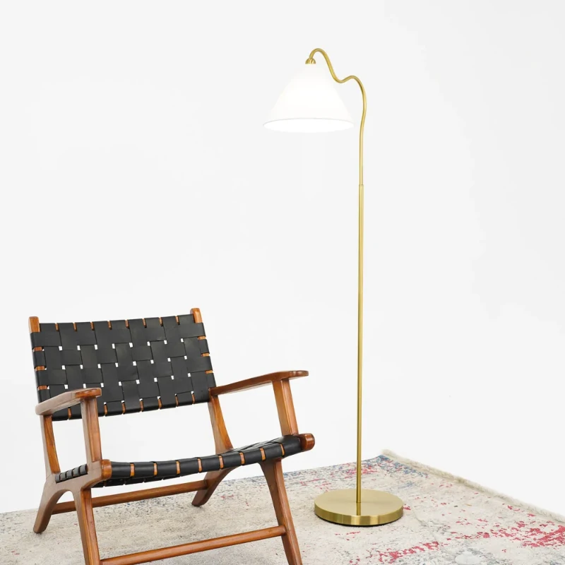 Majestic Brass Ring Base Curved Floor Lamp with Triangle Drum Shade, Elegant Design,19" L x 12" W x 60" H, Gold+White