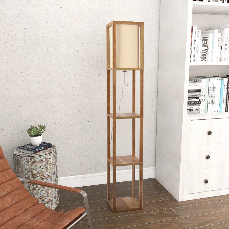 Pinnacle Shelf Floor Lamp with Built-in Shelves, Natural Wood and Long Shade, 10" L x 10" W x 62" H, Natural+White