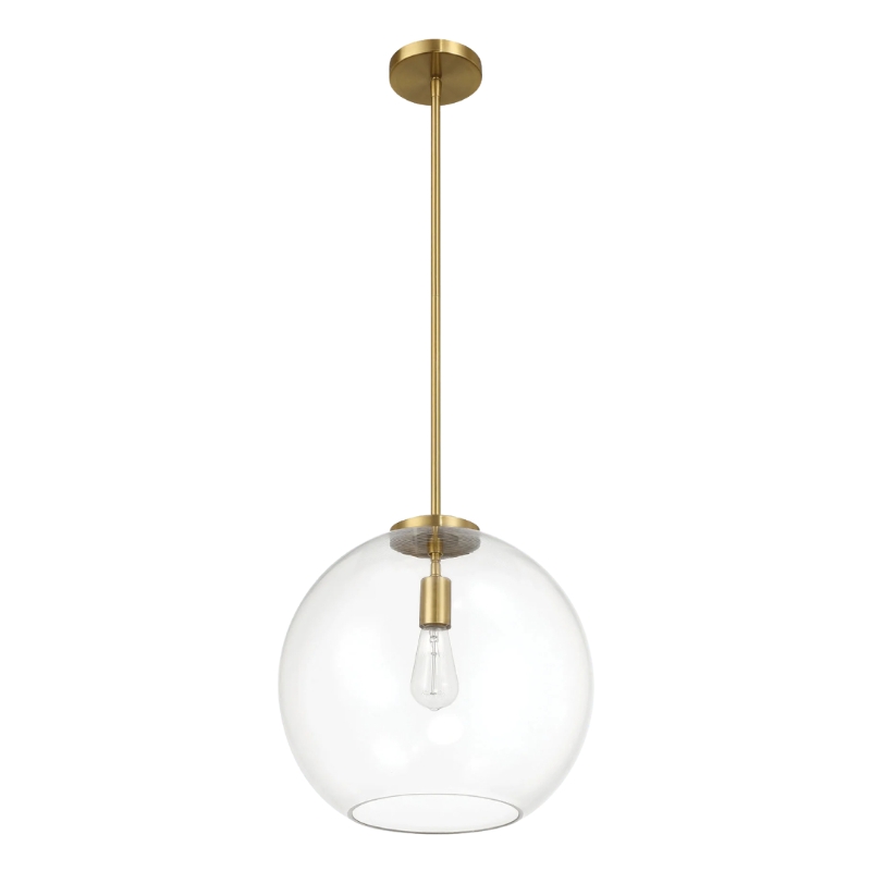 Gleam Single Light Pendant Lamp with Clear Globe Glass, Satin Brass Finish, 15" L x 15" W x 14.5" H, Clear+Gold