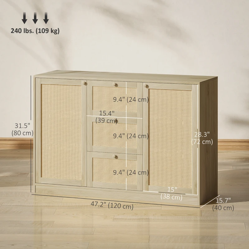 HOMCOM Boho Sideboard Buffet Cabinet, Kitchen Coffee Bar Cabinet with 3 Drawers, 2 Adjustable Shelves and 4 Racks, Natural