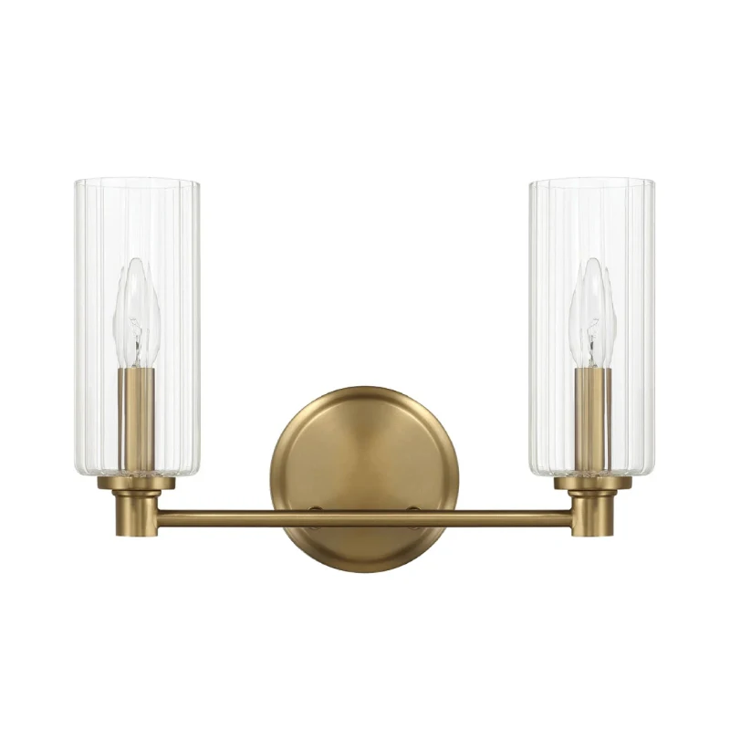 Regal Double Light Vanity with Clear Ribbed Glass, Satin Brass Finish, 15" L x 5" W x 10" H, Antique Brass+Clear