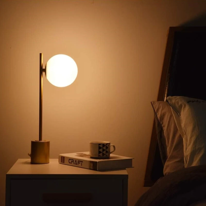 Ethereal Modern Brass Table Lamp with White Glass Globe Shade, Cozy Ambient Lighting, 6" L x 9" W x 22.0" H, Gold+White