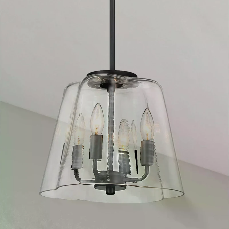 Modern Four Candle Lights Pendant with Sleek Black Finish, Clear Glass Shade, Ideal for Living Room, Bedroom, 13" L x 13" W x 11" H, Black+Clear