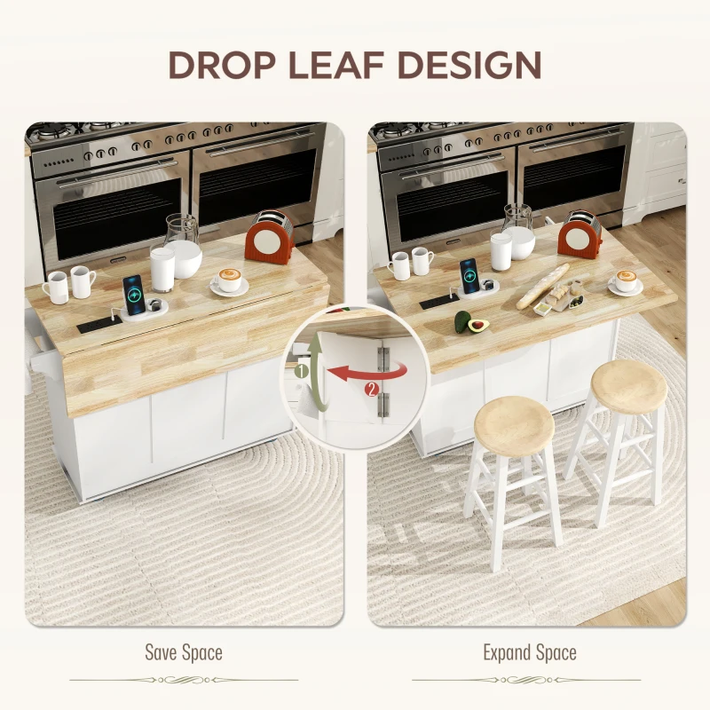 HOMCOM Kitchen Island on Wheels with Wood Drop Leaf, Charging Station, Rolling Kitchen Cart with Adjustable Shelf, White