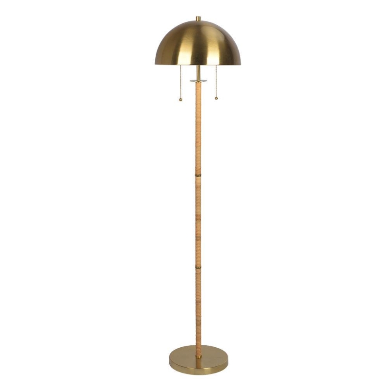 Allure 2-Light Floor Lamp with Double On/Off Pull Chain, Elegant Gold Brass and Natural Rattan Tube, 14" L x 14" W x 57.5" H, Gold