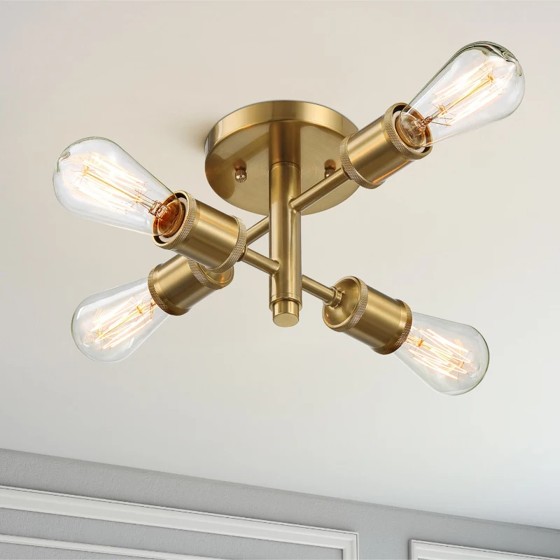Ephemeral Four-Light Semi Flush Mount Ceiling Pendant for Hallway, Kitchen, Bedroom, Living Room, 11" L x 9" W x 6.5" H, Clear+Gold