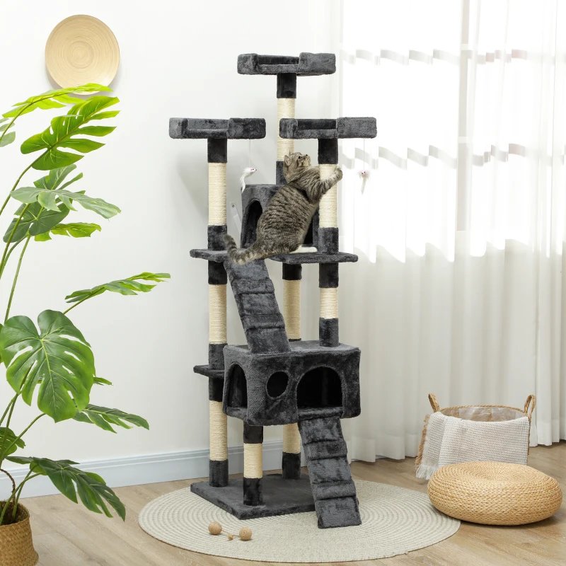 PawHut 68-inch Multi-Level Cat Scratching Tree Kitty Activity Center Post Tower Condo Pet Furniture w/ Toy Grey