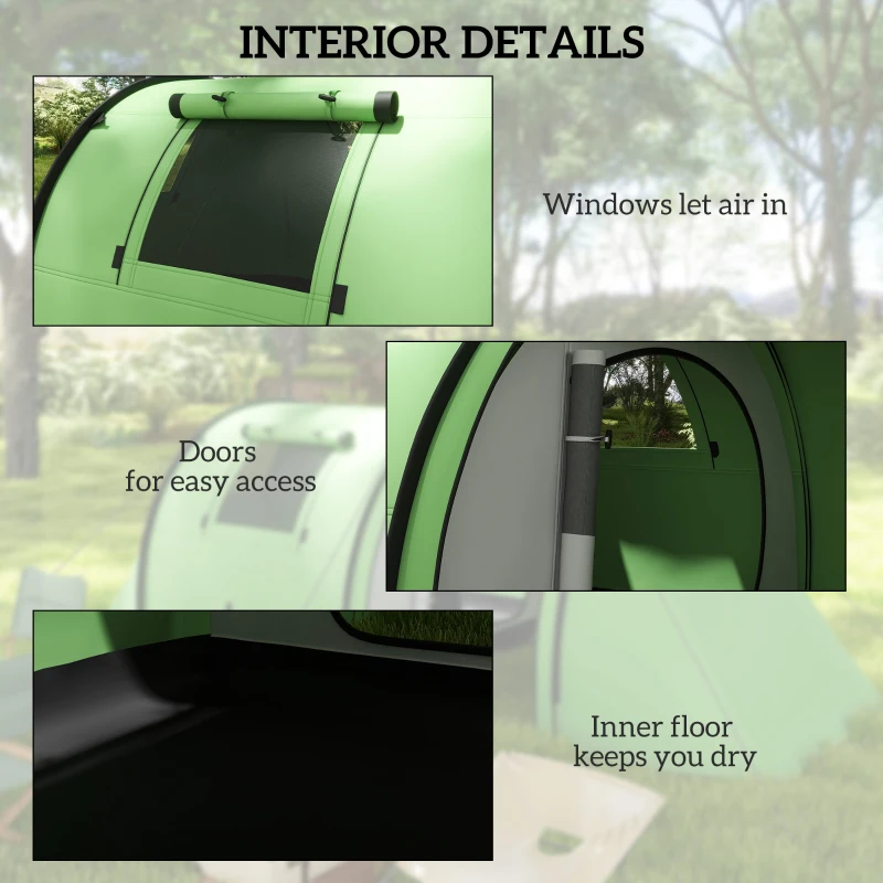 Outsunny 3-4 Person Camping Tent with 2 Rooms, 3000mm Waterproof Portable Family Tent with Carry Bag, Dark Green